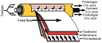 Das Bild zeigt ein Spiralwickelmodul: Dieses rohrf&ouml;rmige Modul besteht aus einem zentralen Rohr mit Bohrungen, konzentrisch um dieses Rohr sind die Membrane und der Feedkanal angebracht. Das Feedgas wird an einem Ende des Moduls in den Feedkanal eingebracht, das CO2 und teilweise auch Methan wandert radial durch die Membran in das zentrale Rohr, durch das dieses CO2-reiche Permeat abgef&uuml;hrt wird. Das dadurch mit Methan angereicherte Produktgas flie&szlig;t axial weiter und wird am Ende des Moduls entnommen. 
  
  [Lokhandwala 2000]
