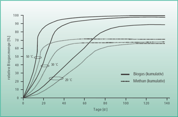 Das Bild zeigt relative entstehende Biogasmenge &uuml;ber die Verweildauer im Fermenter in Abh&auml;ngigkeit der Temperatur, und damit die Geschwindigkeit des Abbauprozesses. Es zeigt sich, dass sich bei 50 Grad Celsius bereits nach rund 10 Tagen 50 % des Gases gebildet haben, w&auml;hrend es bei 20 Grad etwa 50 Tage dauert. 90 % der Gasmenge sind bei 50 Grad nach etwa 30 Tagen erreicht, bei 20 Grad erst nach etwa 100. 
  
  [StMuGV 2004/2]
